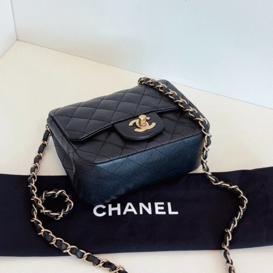 香奈兒/Chanel 黑金魚子醬CF荔枝皮菱格紋方胖子 鏈條包-5