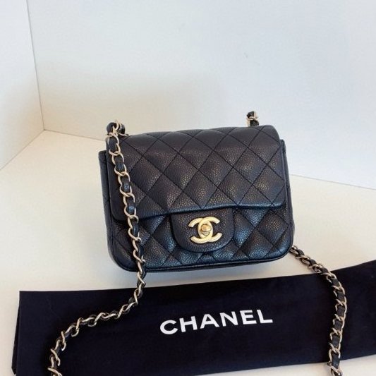 香奈兒/Chanel 黑金魚子醬CF荔枝皮菱格紋方胖子 鏈條包-6