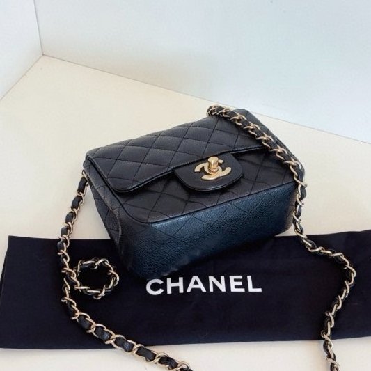 香奈兒/Chanel 黑金魚子醬CF荔枝皮菱格紋方胖子 鏈條包-8