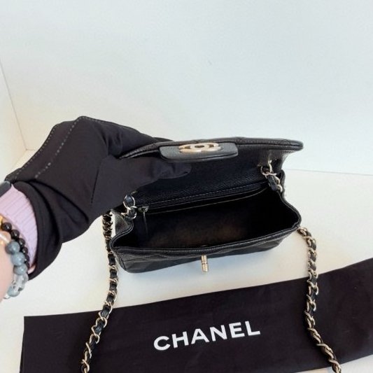 香奈兒/Chanel 黑金魚子醬CF荔枝皮菱格紋方胖子 鏈條包-9