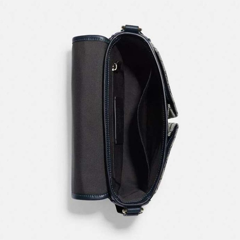 【COACH】緹花布牛皮拼接郵差斜背包-黑灰-1