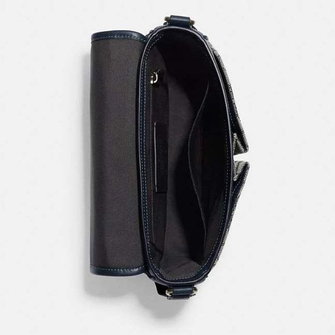 【COACH】緹花布牛皮拼接郵差斜背包-黑灰-3