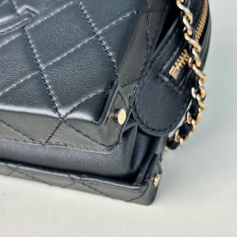 近新品 香奈兒/Chanel 黑金小號菱格紋鏈條相機包 手提斜背包 芯片款-12