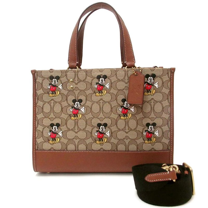 【COACH】x 迪士尼聯名款 大款經典LOGO織布米奇方包/兩用包-卡其駝-4