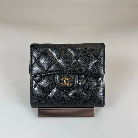 CHANEL CF三折短夾 荔枝黑金 晶片款