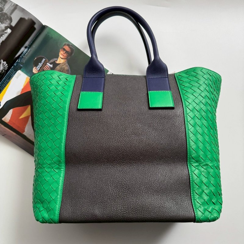 🎉特殊色 BV 鸚鵡綠拼深灰編織托特包 購物包-0