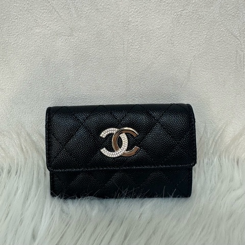 Chanel AP4178 黑荔枝皮水鑽銀雙C卡包 零錢包