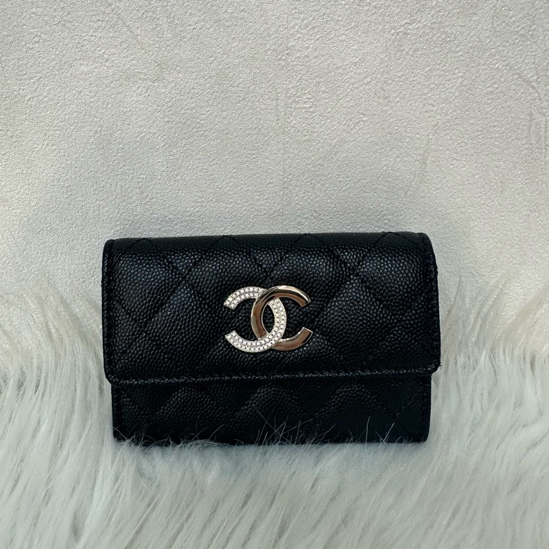 Chanel AP4178 黑荔枝皮水鑽銀雙C卡包 零錢包-0