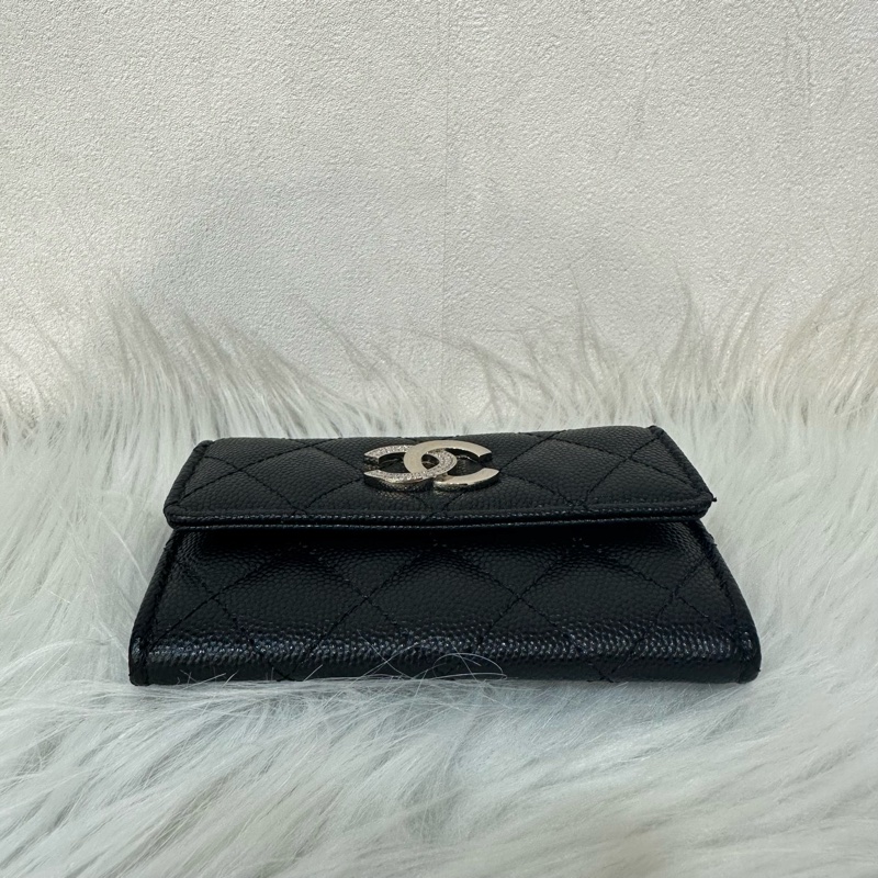 Chanel AP4178 黑荔枝皮水鑽銀雙C卡包 零錢包-2
