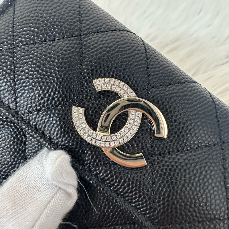 Chanel AP4178 黑荔枝皮水鑽銀雙C卡包 零錢包-10