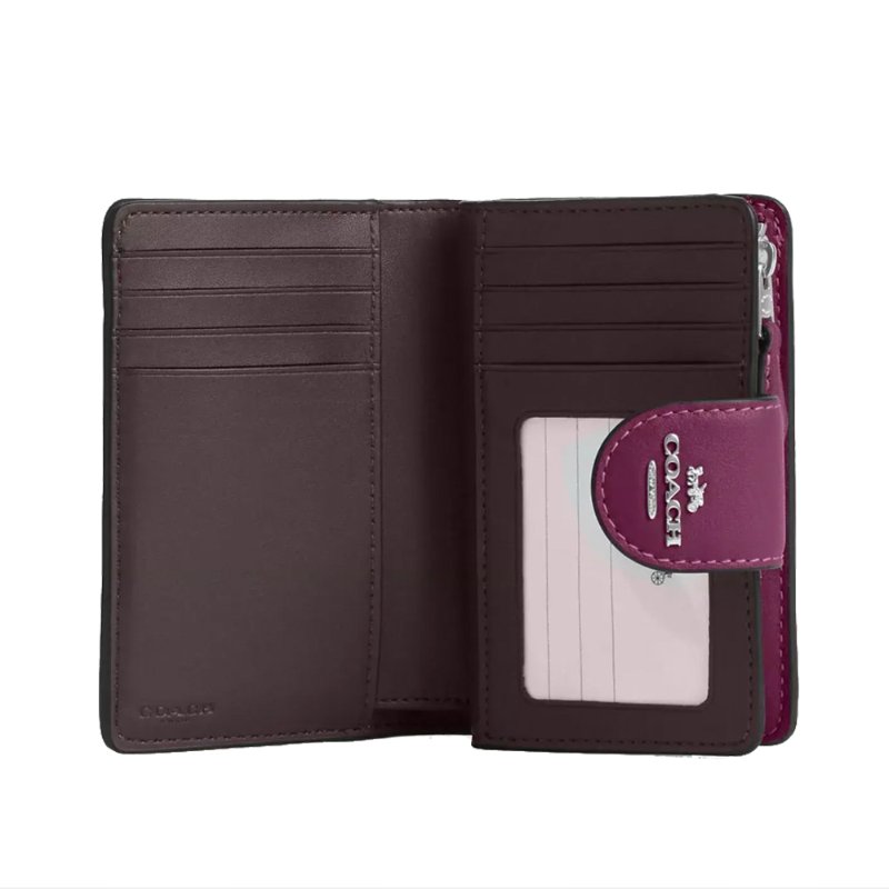 【COACH】菱格紋車縫素色按釦短夾-深莓-1