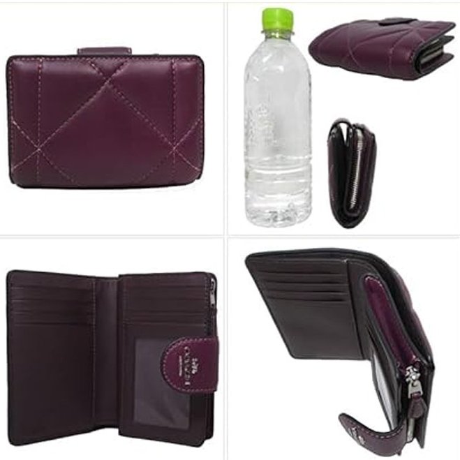 【COACH】菱格紋車縫素色按釦短夾-深莓-2