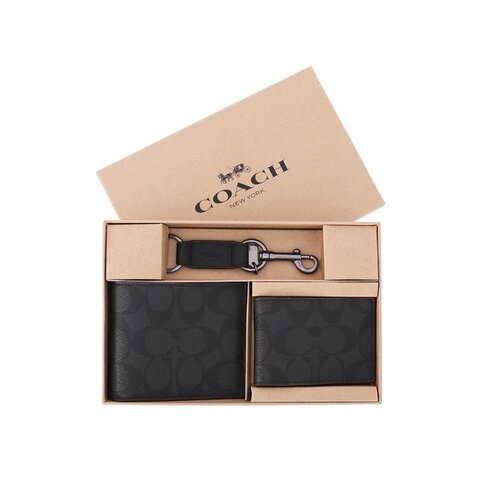 【COACH】經典款短夾+卡夾+鑰匙圈禮盒組-黑灰