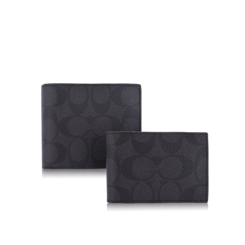 【COACH】經典款短夾+卡夾+鑰匙圈禮盒組-黑灰-3