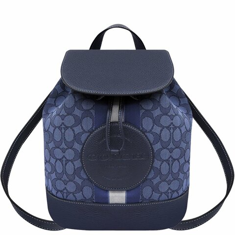 【COACH】滿版LOGO皮革後背包-藍色