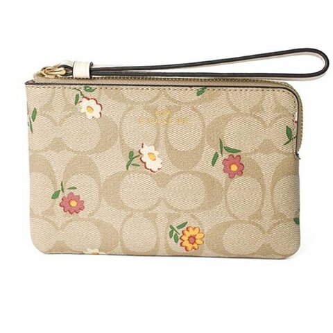 【COACH】印花皮革手拿包-卡其花朵