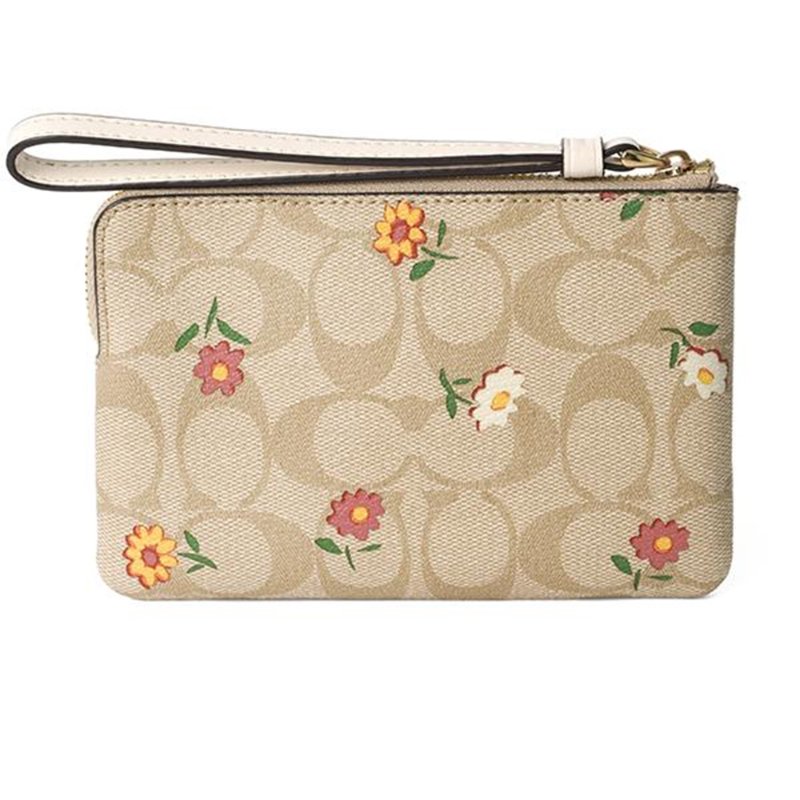 【COACH】印花皮革手拿包-卡其花朵-1