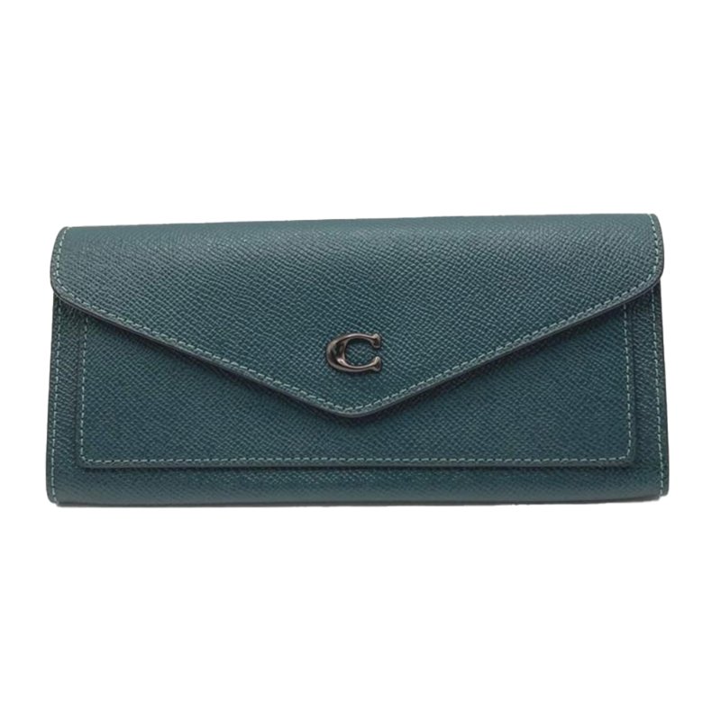 【COACH】防刮皮革信封長夾-深綠色-0