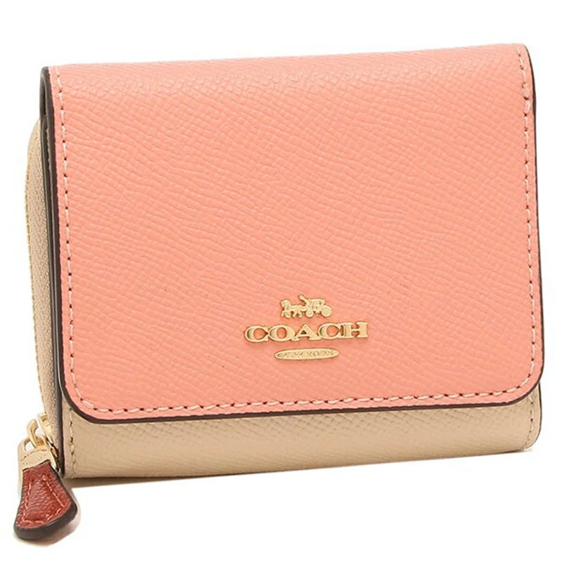 【COACH】防刮皮革三折短夾-粉桔卡撞色-0