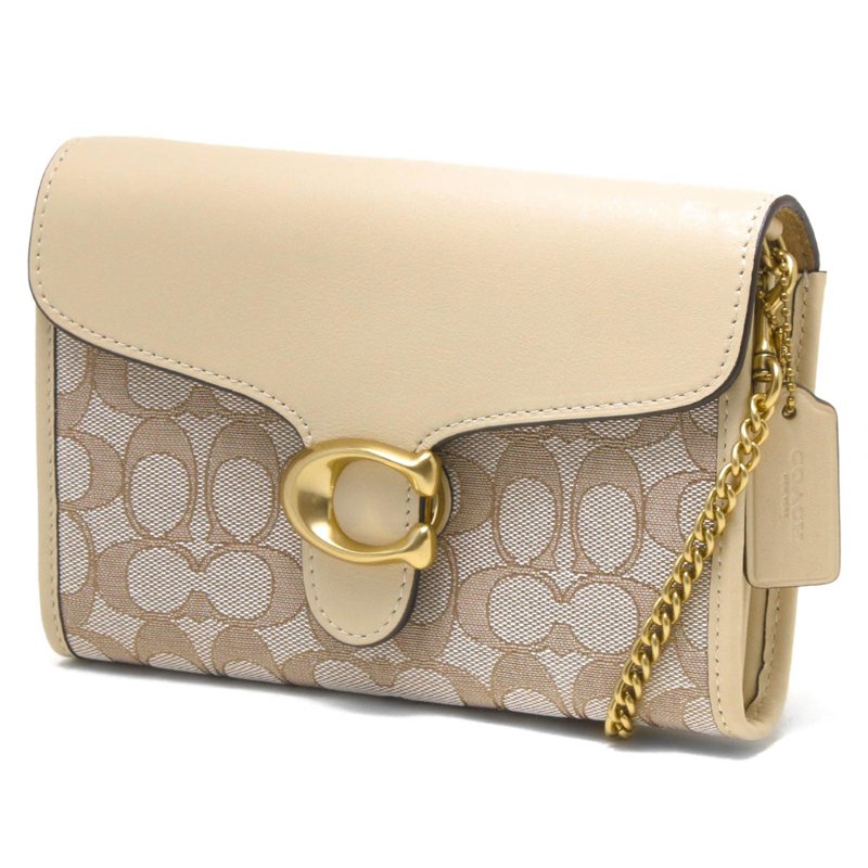 【COACH】拼接皮革翻蓋鍊包-卡其米白-0