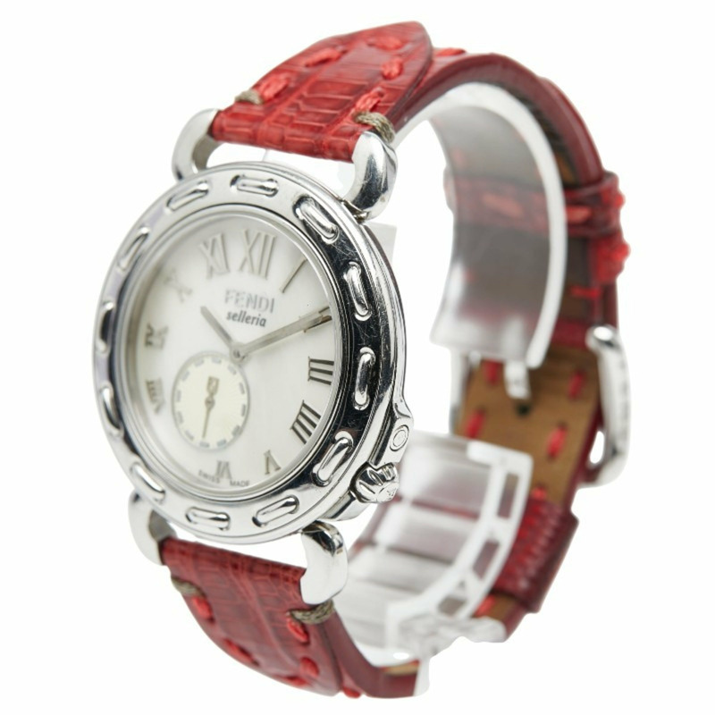 Fendi Selleria 小秒針白色珍珠錶盤腕錶 019-8100M-608 瑞士石英不鏽鋼皮革女錶-1