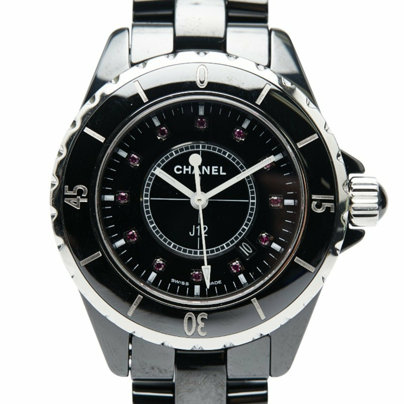 香奈兒 J12 33毫米 12 件組紅寶石腕錶 H1634 石英機芯，黑色錶盤，不鏽鋼錶殼，陶瓷錶圈，女錶-0