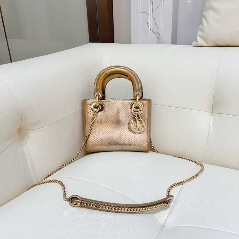 Dior 黛妃三格 蛇皮香檳金色鏡面 手提肩背包17*14*7 98新配件塵袋-1