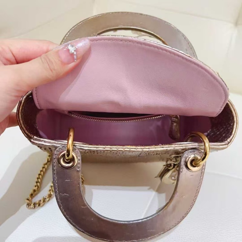 Dior 黛妃三格 蛇皮香檳金色鏡面 手提肩背包17*14*7 98新配件塵袋-2