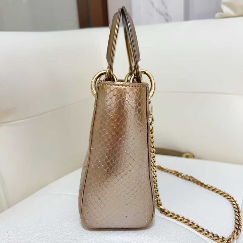 Dior 黛妃三格 蛇皮香檳金色鏡面 手提肩背包17*14*7 98新配件塵袋-3