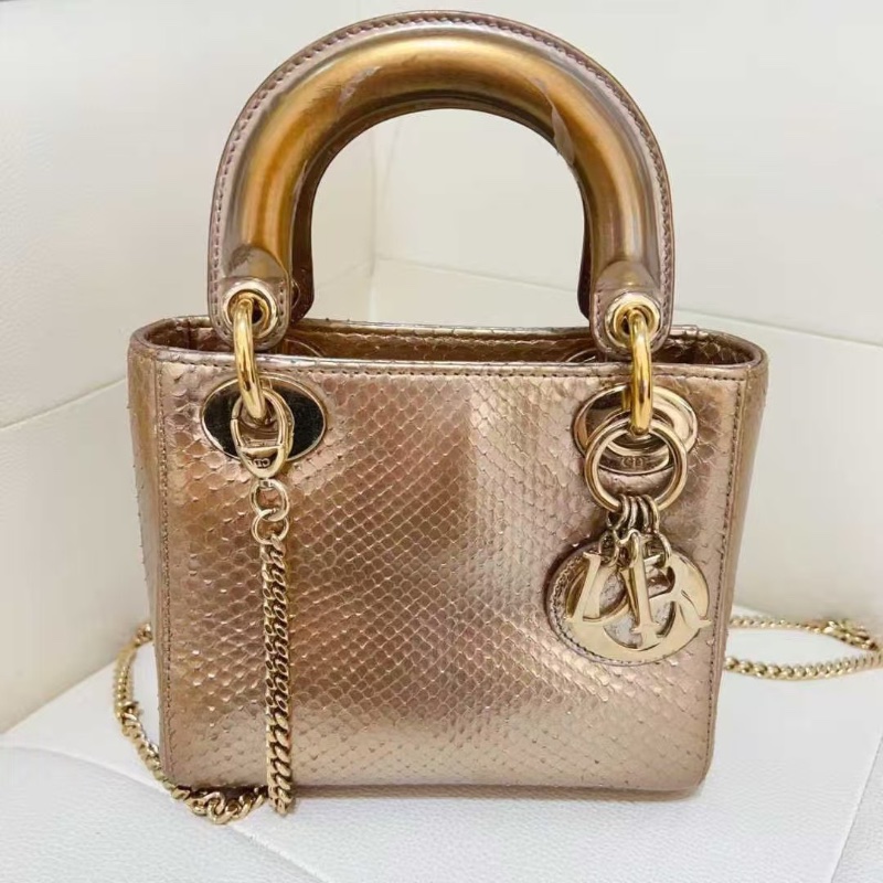 Dior 黛妃三格 蛇皮香檳金色鏡面 手提肩背包17*14*7 98新配件塵袋-5