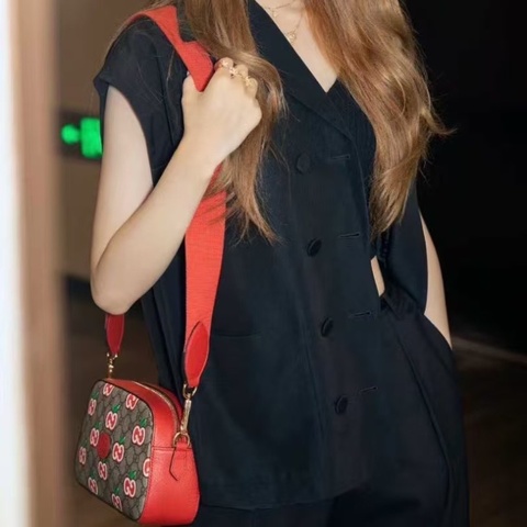 GUCCI老花Logo蘋果圖案帆布拼皮相機包24*7*14  98新配件盒子塵袋