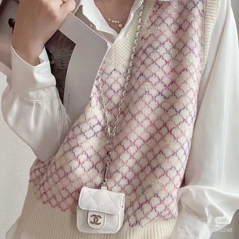 Chanel mini耳機包 白金 荔枝皮7*6*3 全新閒置盒子塵袋保卡鏈條
