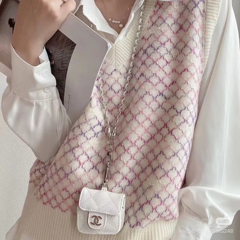 Chanel mini耳機包 白金 荔枝皮7*6*3 全新閒置盒子塵袋保卡鏈條-0