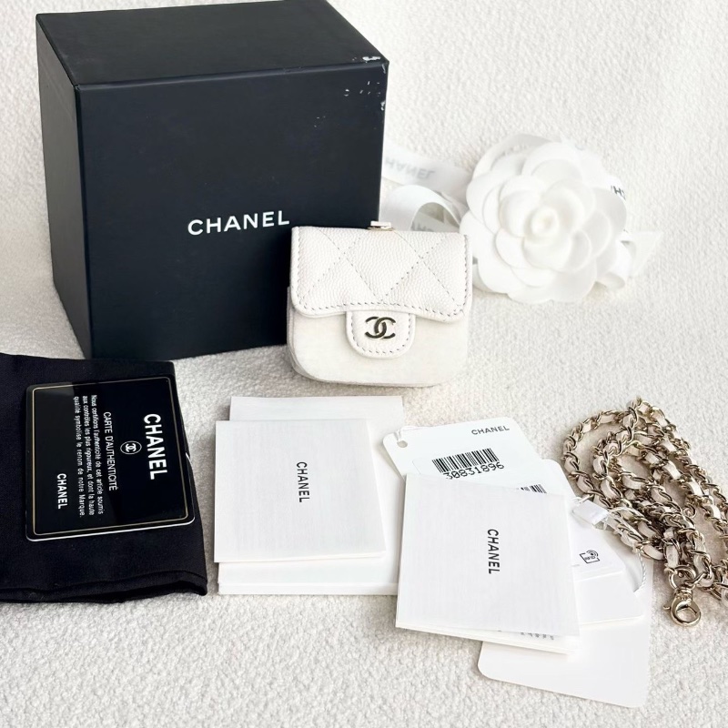 Chanel mini耳機包 白金 荔枝皮7*6*3 全新閒置盒子塵袋保卡鏈條-1