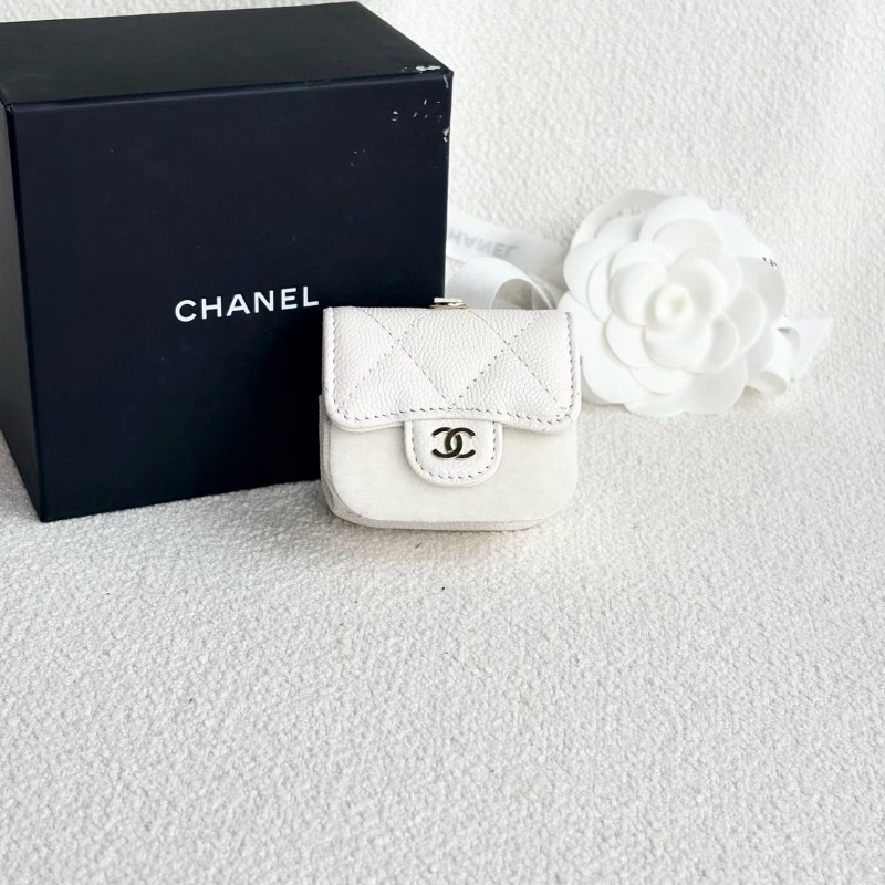 Chanel mini耳機包 白金 荔枝皮7*6*3 全新閒置盒子塵袋保卡鏈條-2