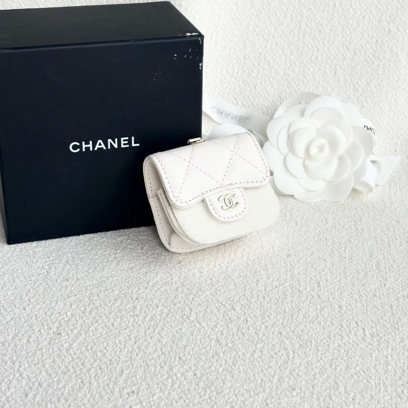 Chanel mini耳機包 白金 荔枝皮7*6*3 全新閒置盒子塵袋保卡鏈條-3