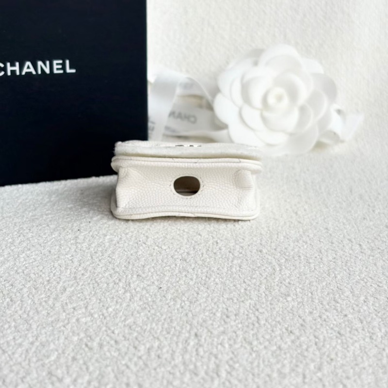Chanel mini耳機包 白金 荔枝皮7*6*3 全新閒置盒子塵袋保卡鏈條-4