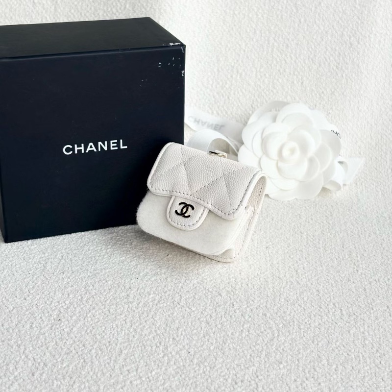 Chanel mini耳機包 白金 荔枝皮7*6*3 全新閒置盒子塵袋保卡鏈條-5