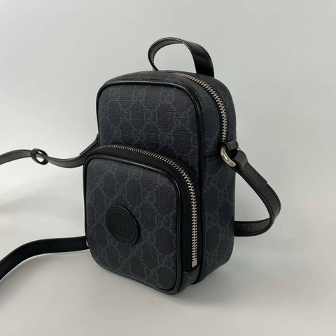 GUCCI 672952 Interlocking G 皮標LOGO老花款兩用斜背包.黑