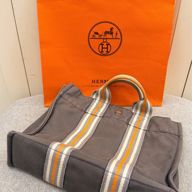 真品 愛馬仕 Hermès 托特包 Foul Tou PM 灰色帶橘白條紋 日本東京銀座限定-5