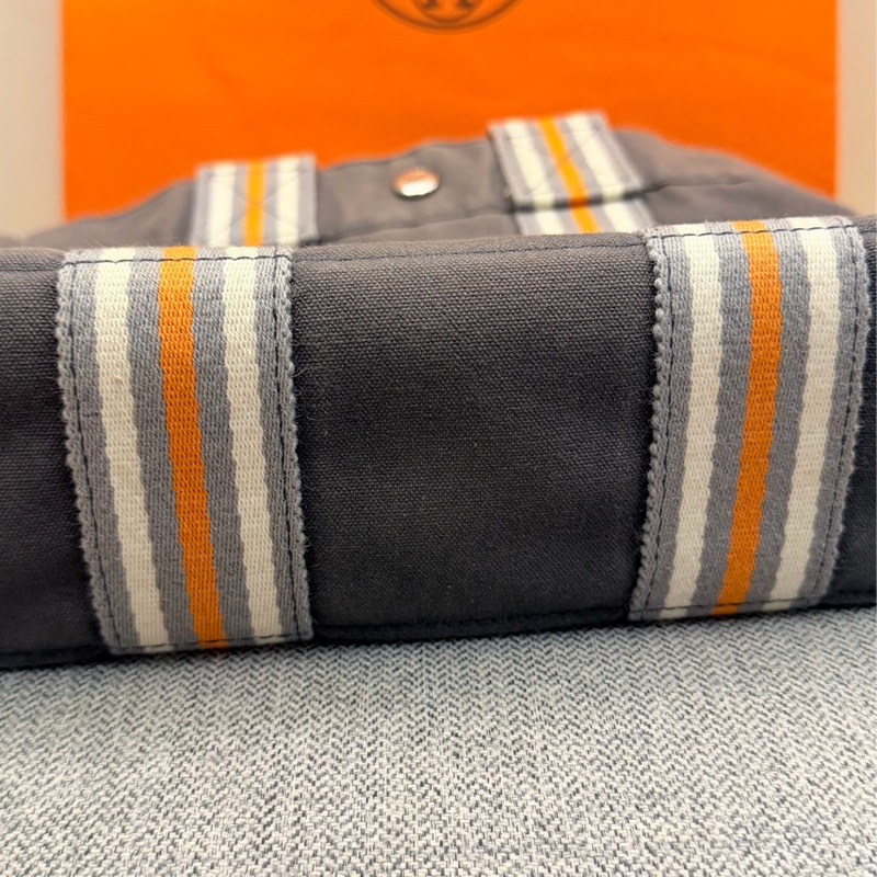真品 愛馬仕 Hermès 托特包 Foul Tou PM 灰色帶橘白條紋 日本東京銀座限定-17