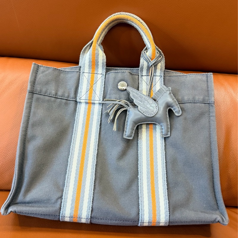 真品 愛馬仕 Hermès 托特包 Foul Tou PM 灰色帶橘白條紋 日本東京銀座限定-7