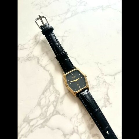 【LA LUNE】絕版古董錶 Celine黑金六角形手錶 皮革帶 二手男女裝腕錶 中古錶