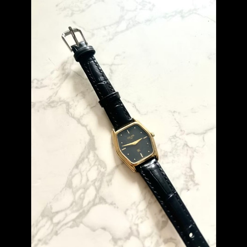 【LA LUNE】絕版古董錶 Celine黑金六角形手錶 皮革帶 二手男女裝腕錶 中古錶-0