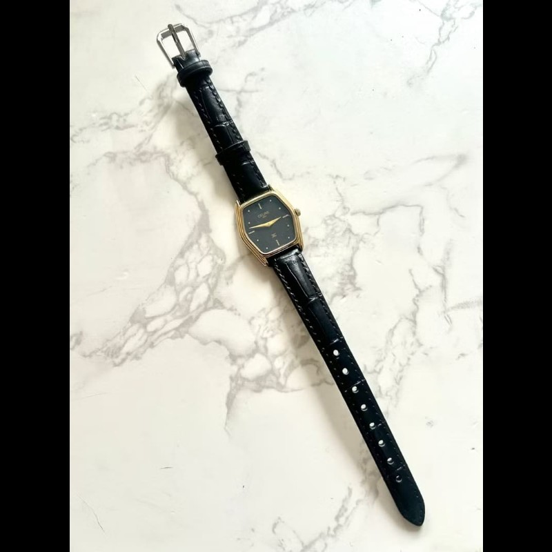 【LA LUNE】絕版古董錶 Celine黑金六角形手錶 皮革帶 二手男女裝腕錶 中古錶-1