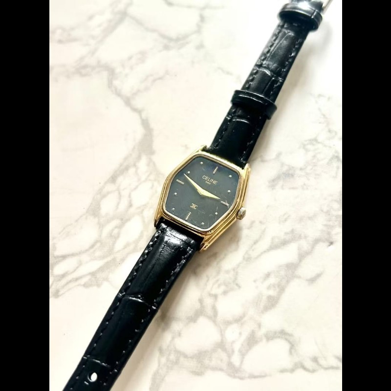 【LA LUNE】絕版古董錶 Celine黑金六角形手錶 皮革帶 二手男女裝腕錶 中古錶-5