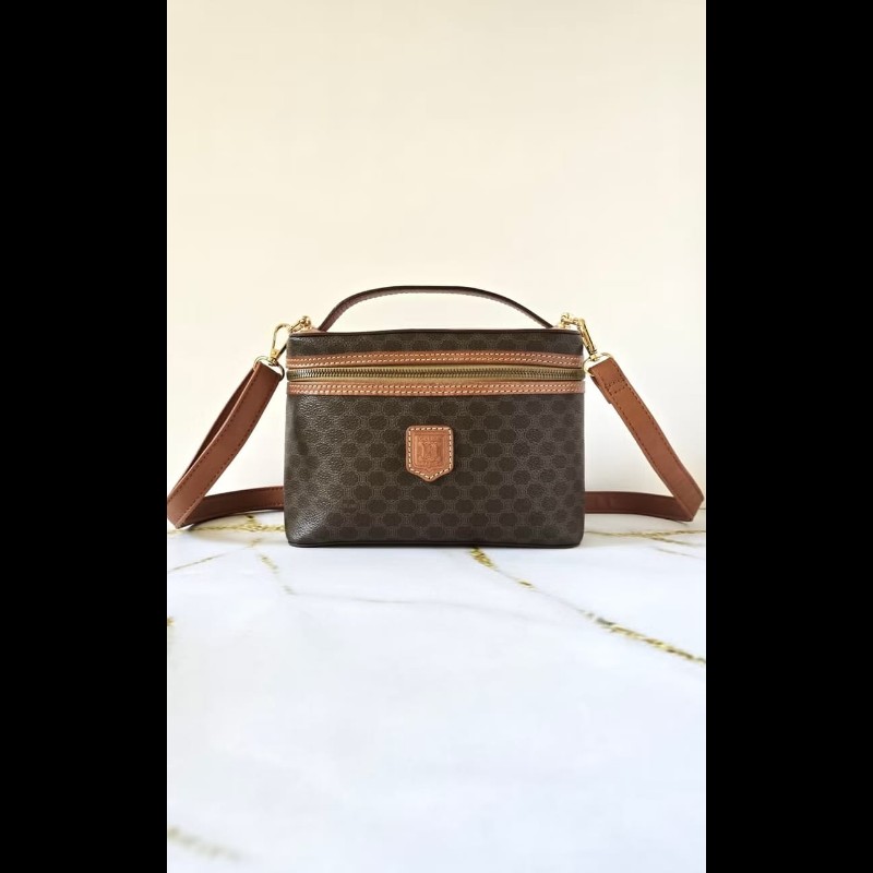 絕版古董包 Celine咖啡色老花Vanity盒子包 斜背包 側背包 單肩包-0