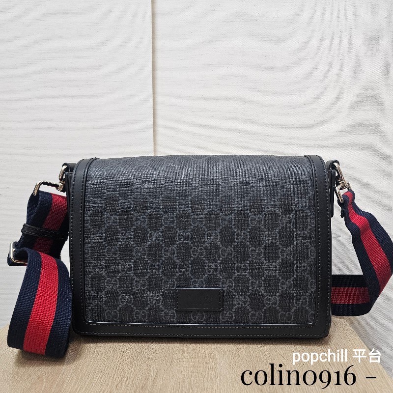 [農曆新年福利🧧] Gucci黑灰老花銀釦藍紅藍背帶斜背郵差包-0