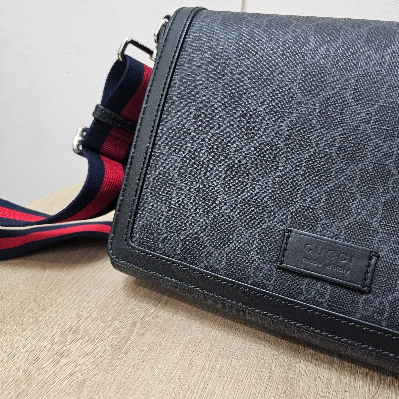 [農曆新年福利🧧] Gucci黑灰老花銀釦藍紅藍背帶斜背郵差包-7
