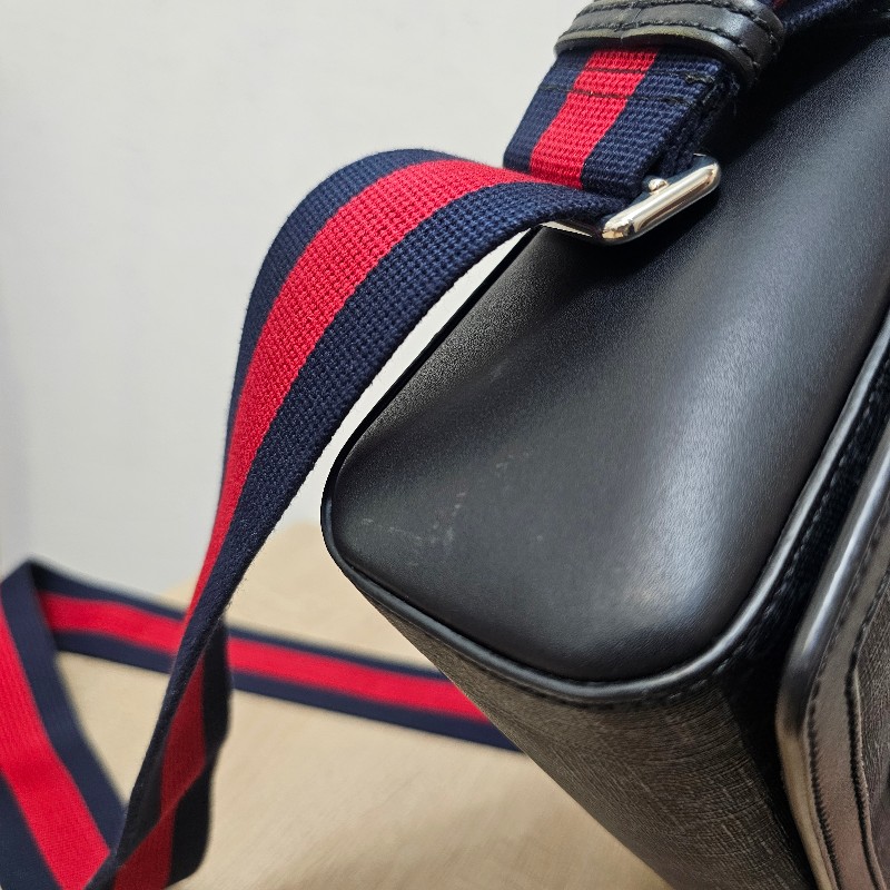 [農曆新年福利🧧] Gucci黑灰老花銀釦藍紅藍背帶斜背郵差包-27